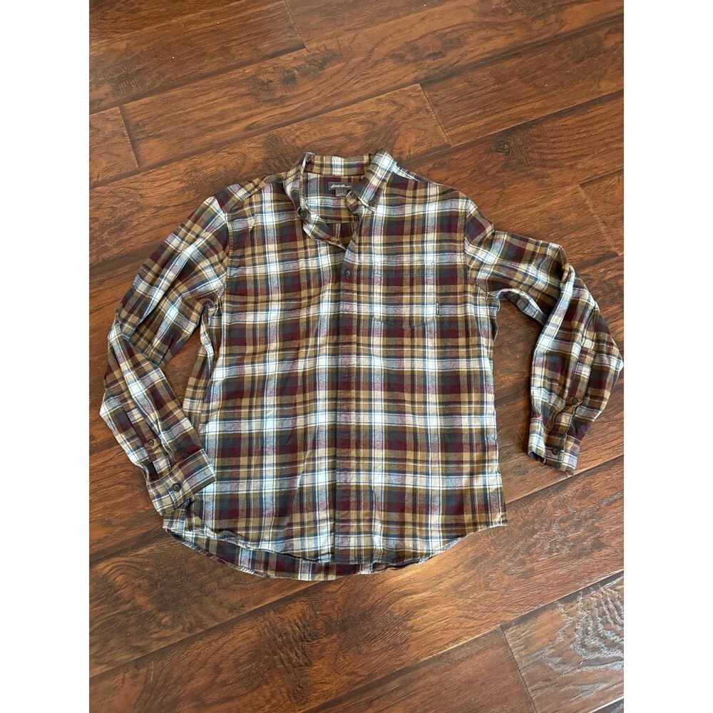Eddie Bauer Shirt Mens Flannel Long Sleeve Brown Plaid Large